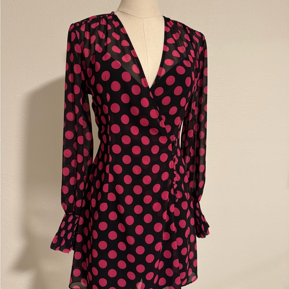 L'Academie Black and Pink Polka Dot Long Sleeve Dress